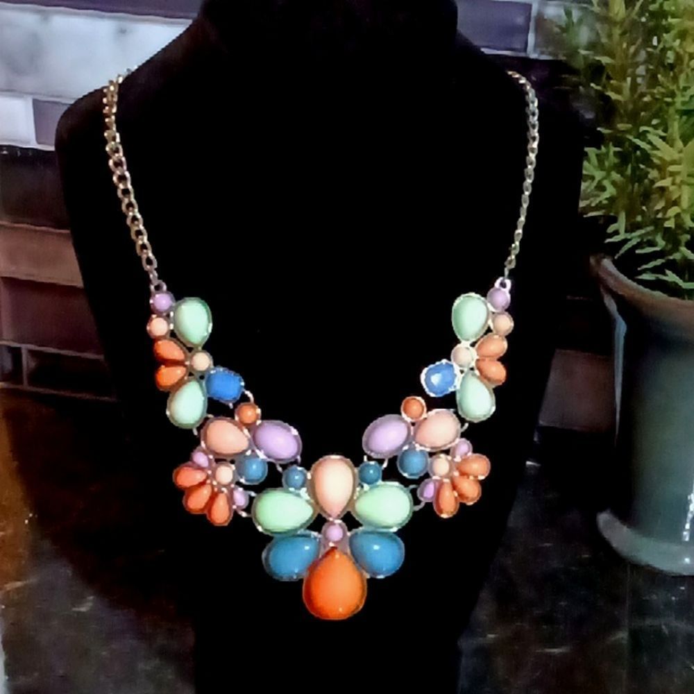  Flower jewel Necklace in Jeweled Tones / Silver Chain w Extender